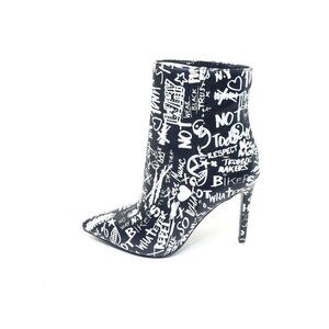Aldo High Heel Stiletto Booties Graffiti Pointed Toe Black White Womens US 6.5
